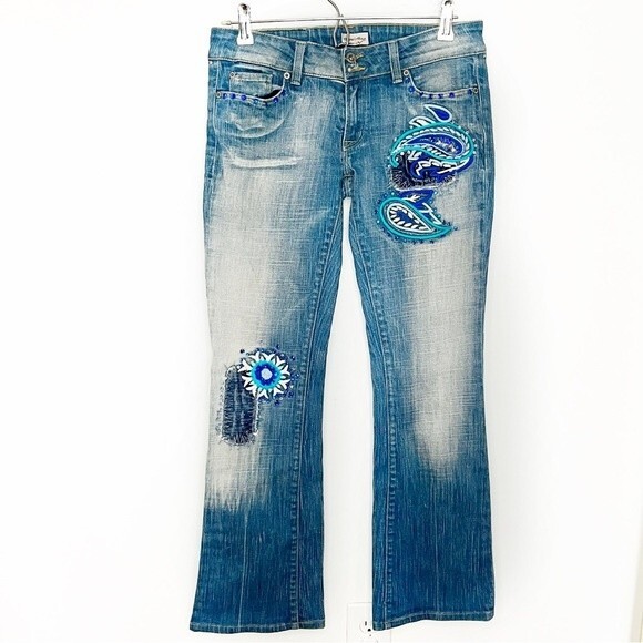 PEOPLE FOR PEACE BOHO PAISLEY EMBROIDERED LOW RISE BOOTCUT JEANS SIZE 30 - Picture 2 of 13